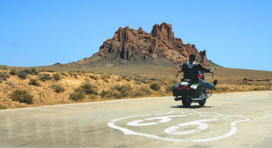 Celebrate 100 years of Route 66 Biker on a motorcycle on Route 66