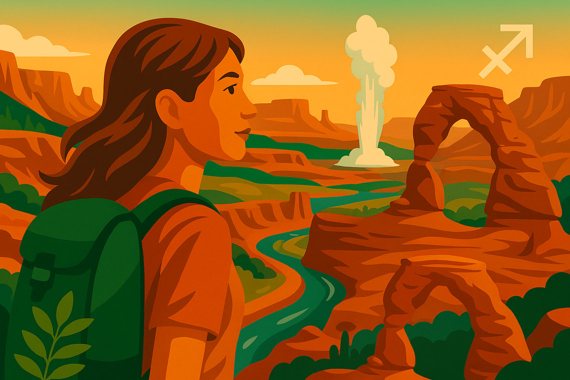 Illustration d’une femme randonneuse devant le Grand Canyon, la Colorado River, une arche de l’Utah et le geyser de Yellowstone, signe Sagittaire.
