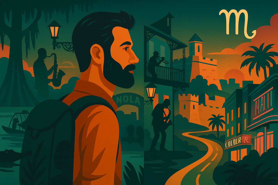 Illustration d’un homme barbu dans les rues de la Nouvelle-Orléans, ambiance jazz et clair-obscur, signe Scorpion.