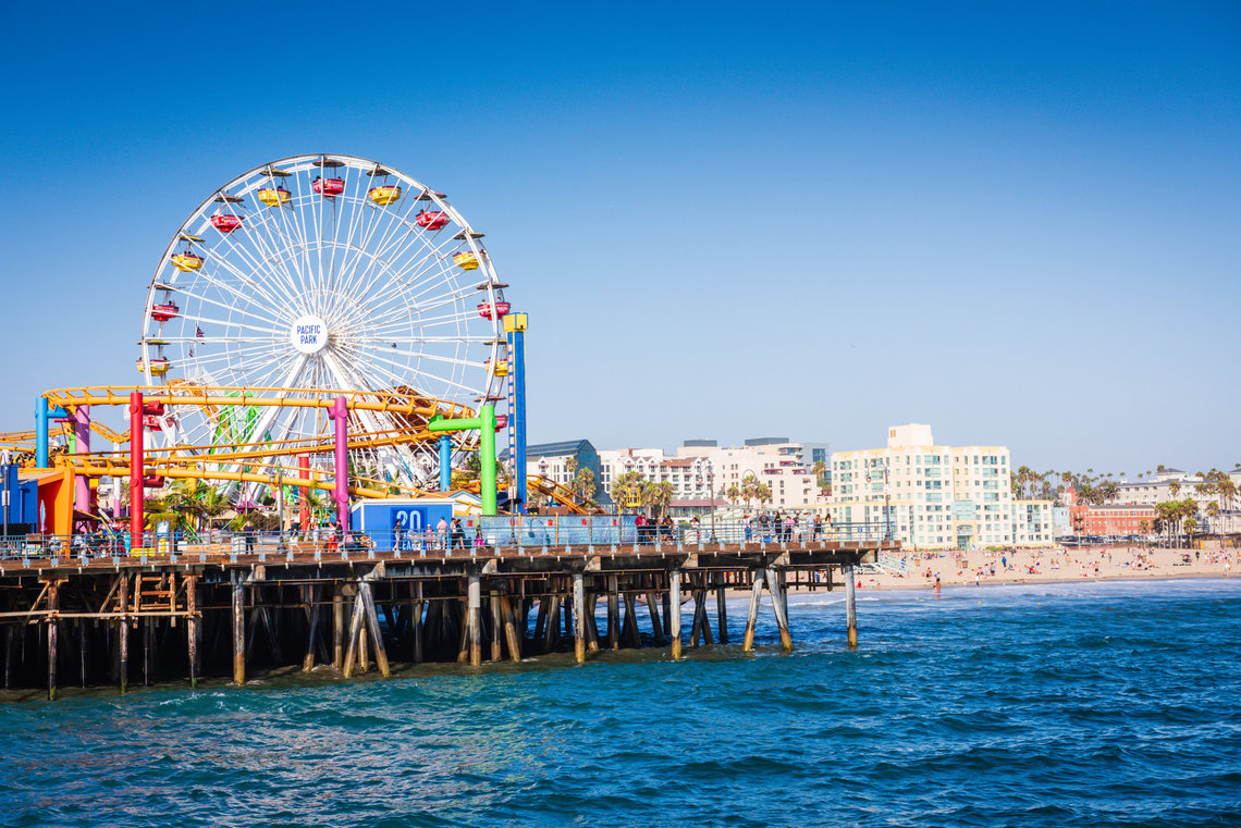 Santa Monica View of Santa Monica Pier and its Ferris wheel by the Pacific Ocean