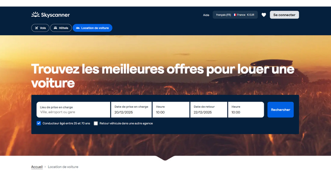 Location de voiture avec Skyscanner Capture de la plateforme web de recherche de location Skyscanner
