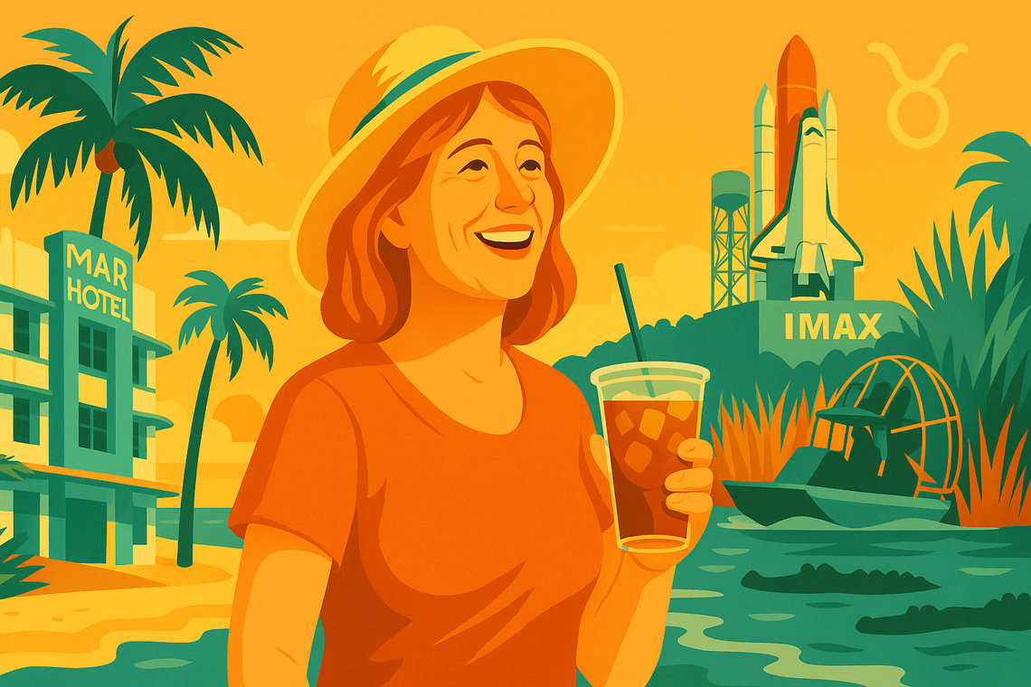 Illustration d’une femme de 50 ans savourant un café glacé à Miami, plage Art déco et Everglades en arrière-plan.