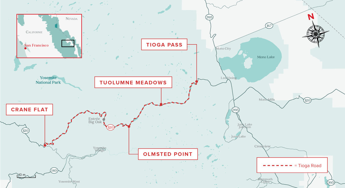 Carte de la Tioga Road à Yosemite