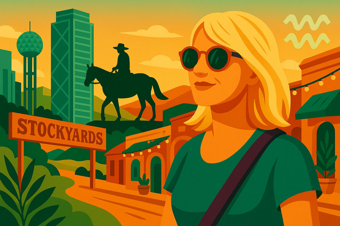 Illustration d’une femme blonde de 40 ans dans les rues du Texas, entre Dallas, Fort Worth Stockyards et San Antonio, signe Verseau.