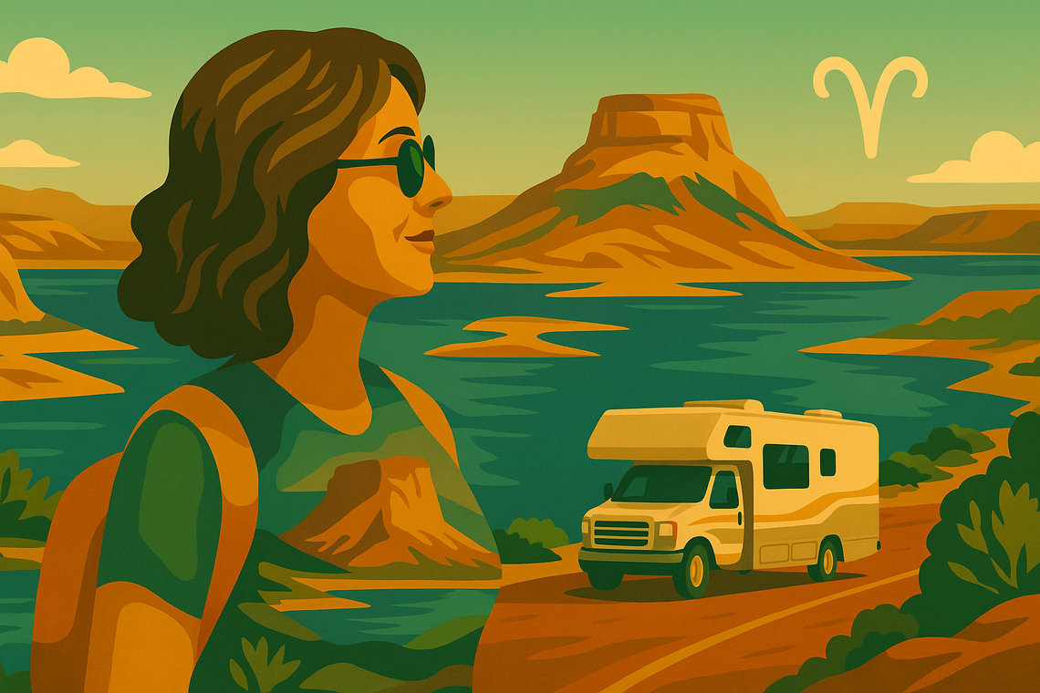 Illustration d’une femme avec sac à dos devant Zion, Antelope Canyon et le Golden Gate, ambiance organisée et lumineuse, signe Vierge.