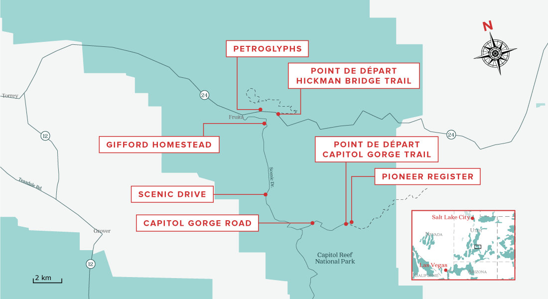Visiter Capitol Reef en 24 heures - Carte jour 1 après-midi