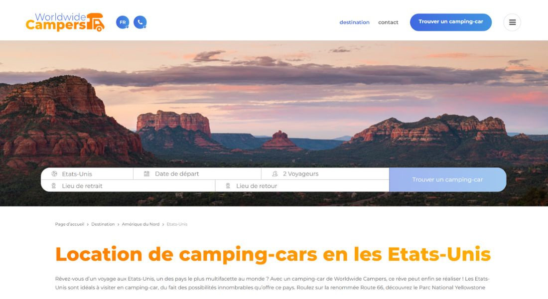 Location de voiture avec Worldwide Camper Capture de la plateforme web de recherche de location Worldwidecamper