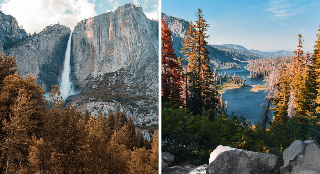 Yosemite American West Two photos of Yosemite with a cascade and a lake