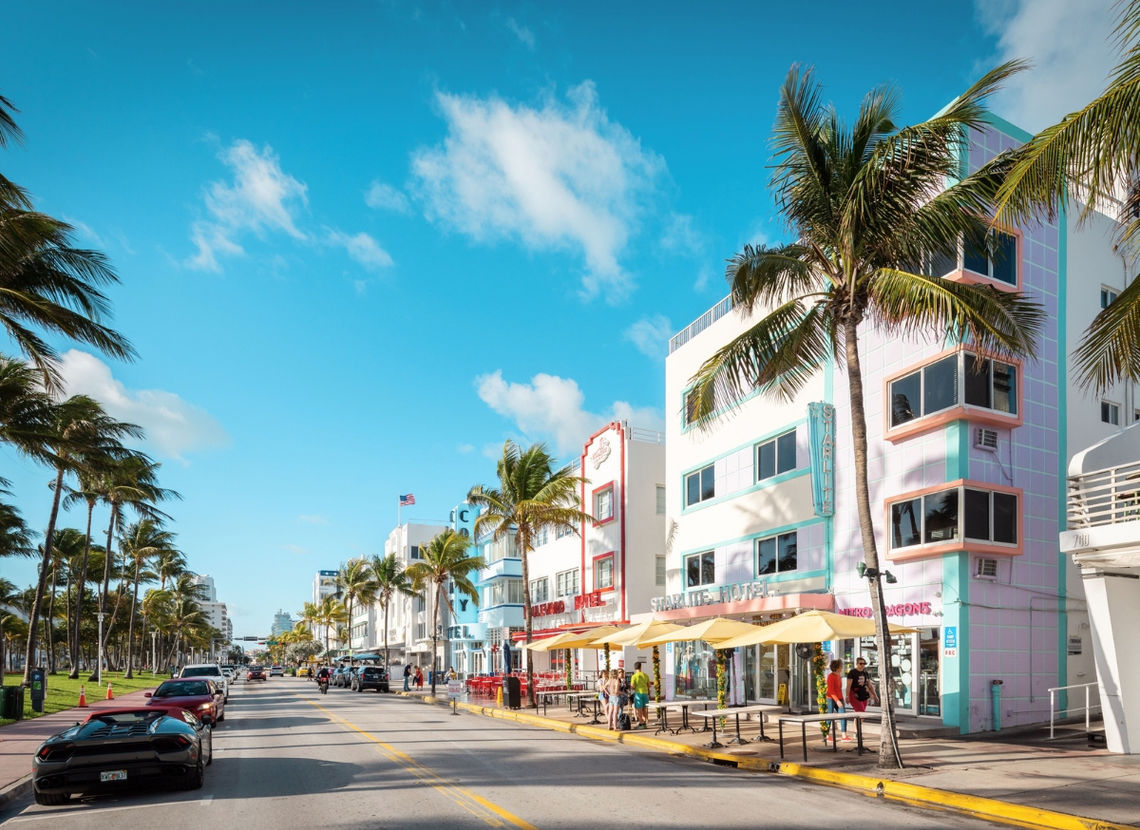 Ocean Drive and its Art Deco hotels in Miami