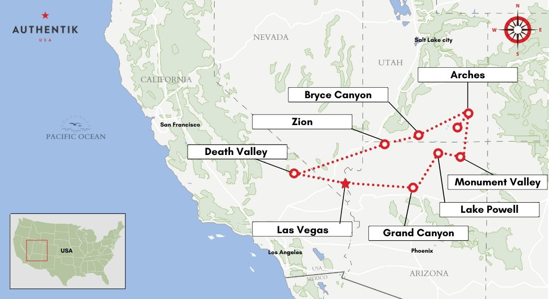 Map of the two-week itinerary in the USA Itinerary for a 15 day trip in the USA