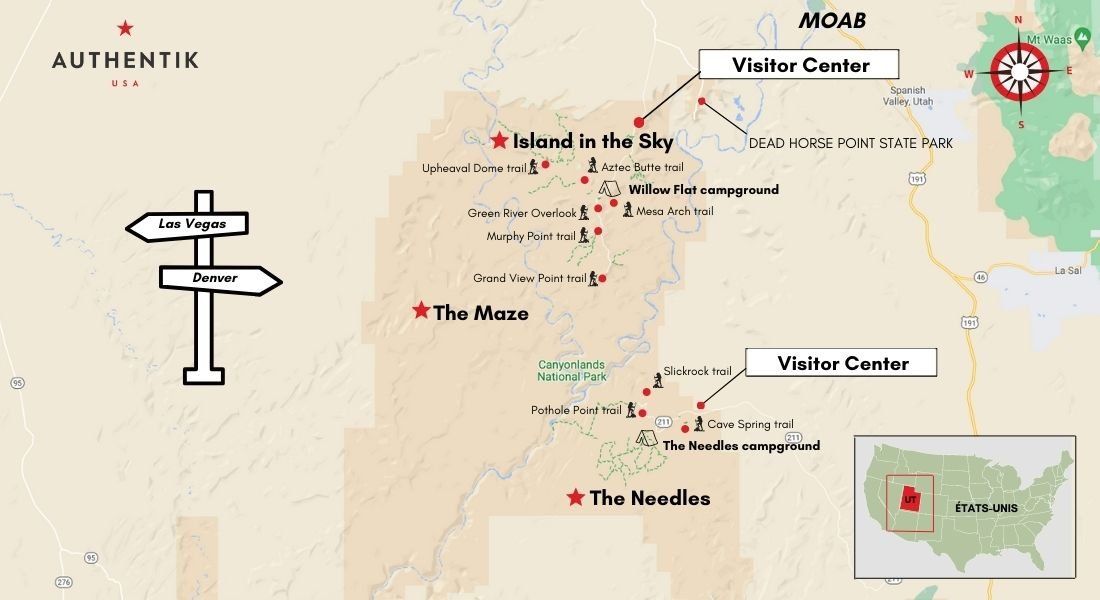 Carte de Canyonlands et ses principaux points d'intérêt