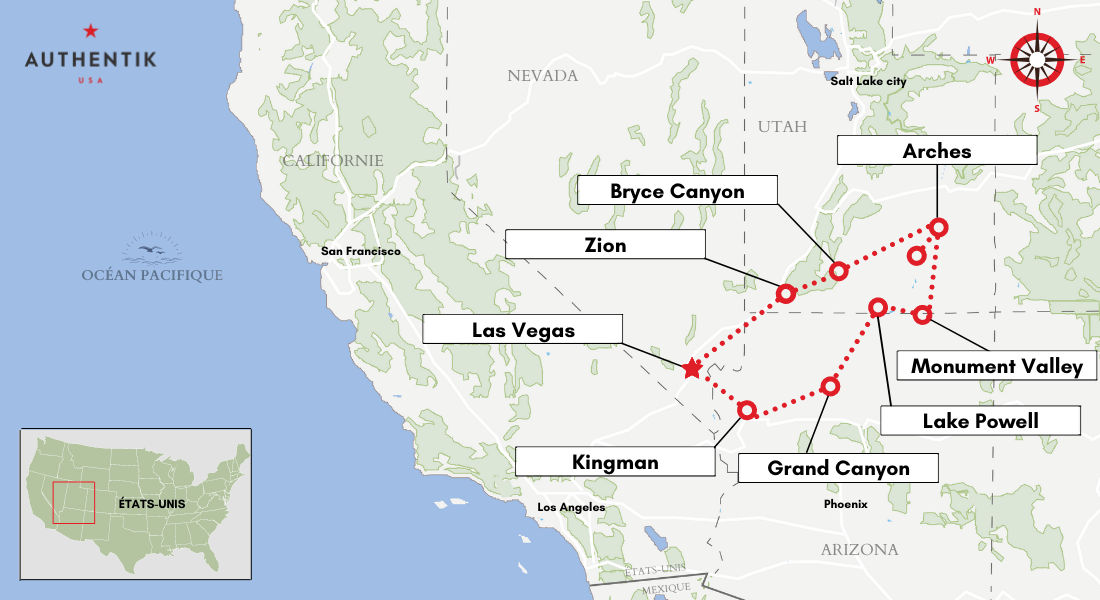 carte de l'itinéraire de 2 semaines dans l'Ouest américain