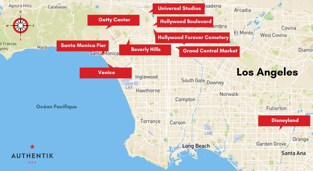 Carte localisant 10 lieux incontournables à voir à Los Angeles