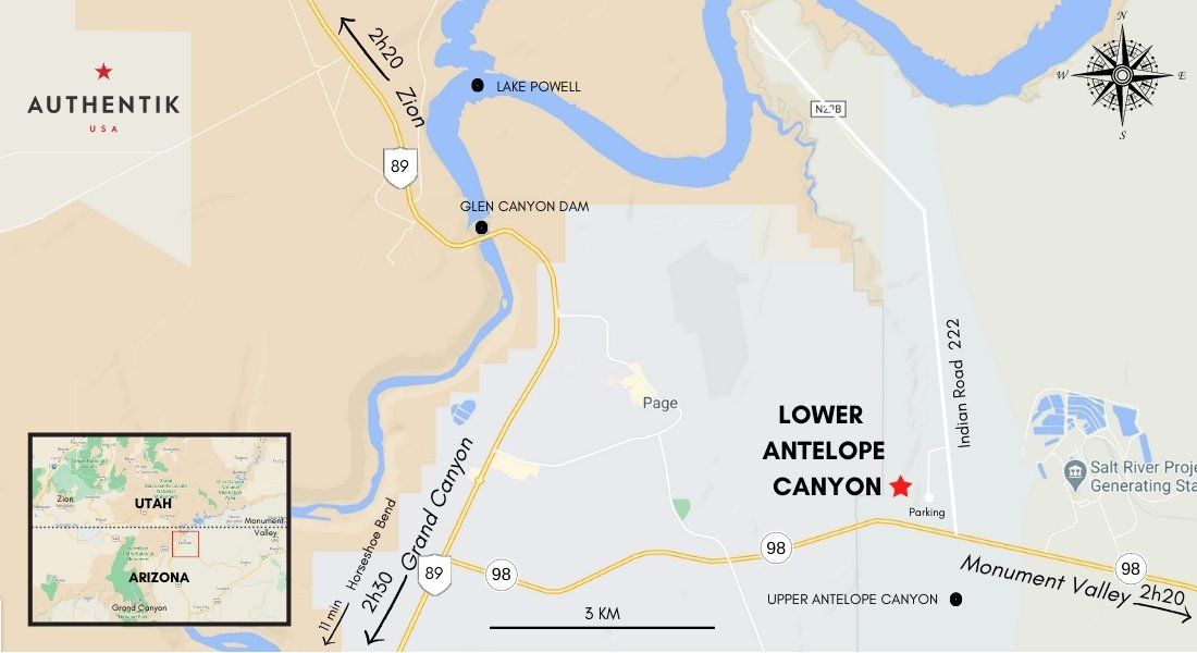 Antelope az Carte géographique pour situer Lower Antelope Canyon