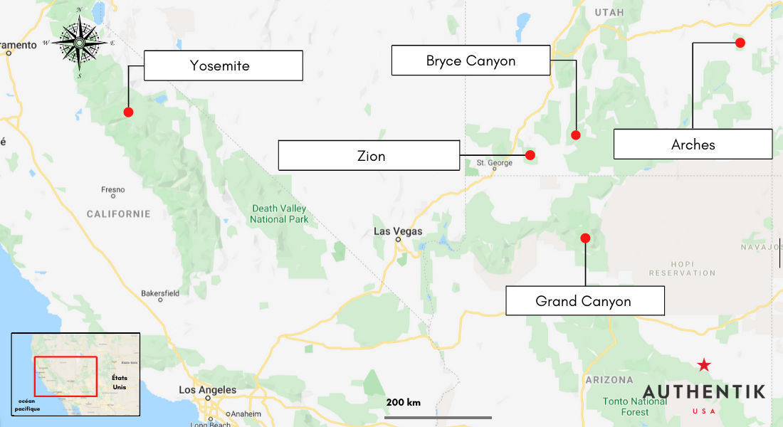 Localisations des 5 parcs américains sur une carte