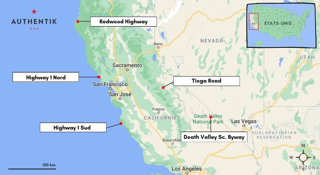carte des plus belles routes de la Californie