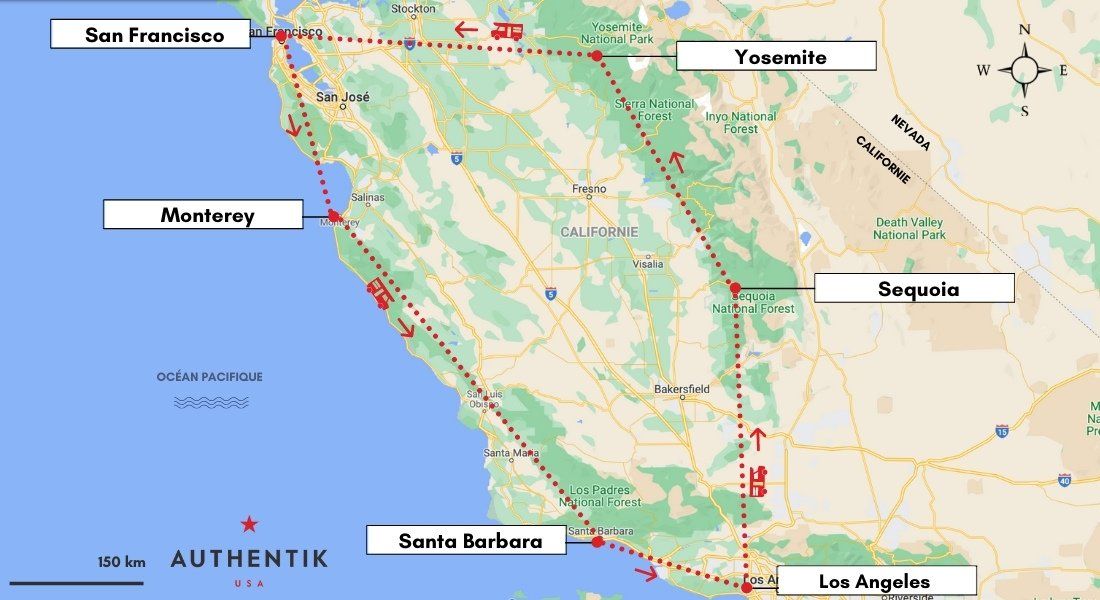 Carte du road trip en camping car en Californie