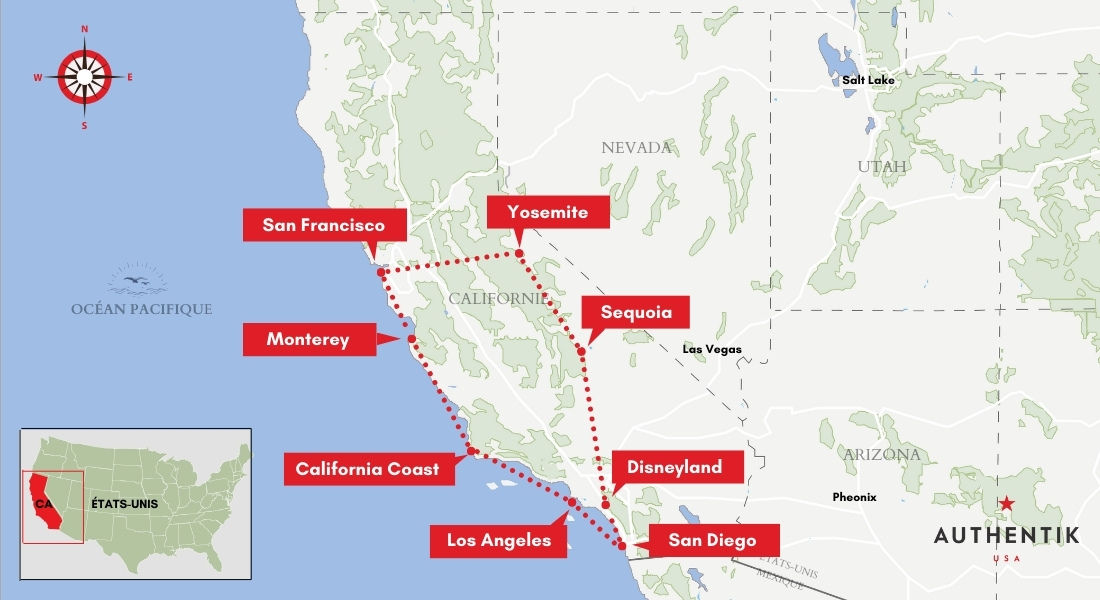 Carte de trajet de 15 jours en Californie carte road trip de 2 semaines en Californie