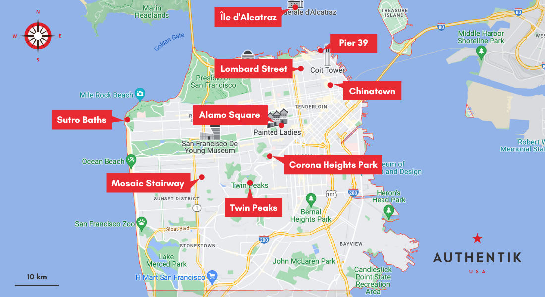 carte plus beaux points de vue à San Franciso