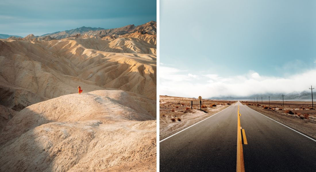 Death Valley National Park Two photos of Death Valley National Park with a road and some mountains