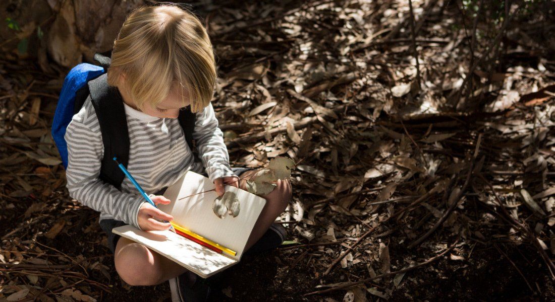Création d'un journal de voyage dans l'Ouest américain Enfant qui écrit dans un journal de voyage aux États-Unis