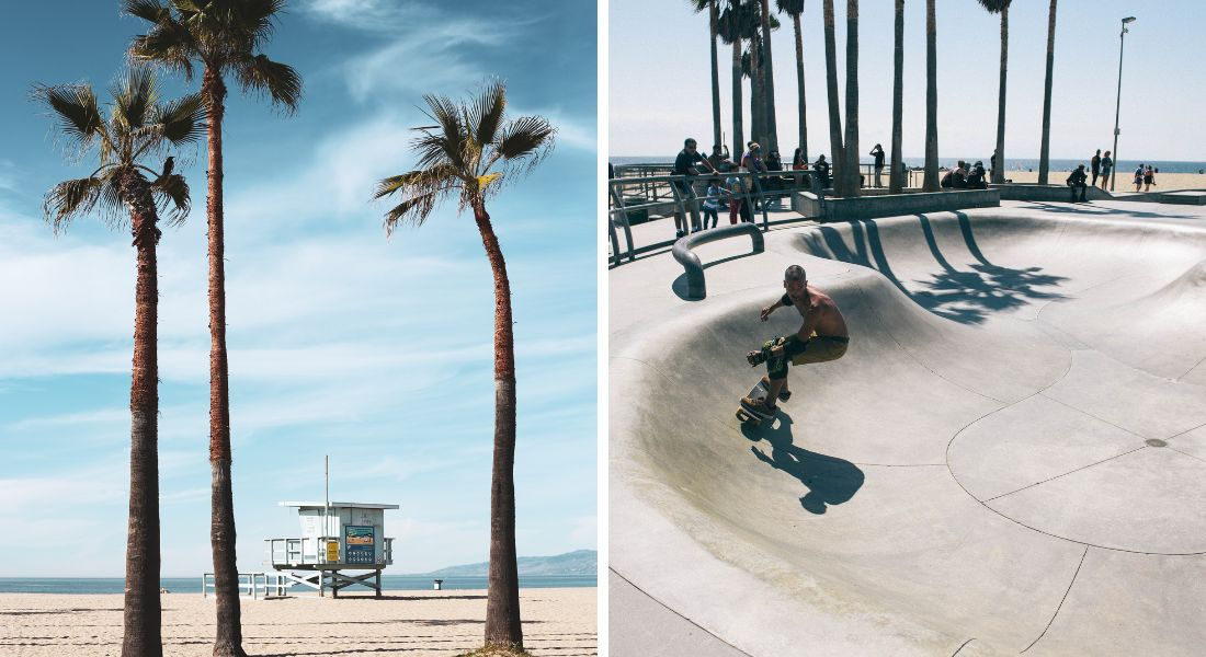 Los Angeles California Two photos of Los Angeles with the beach and a skate park