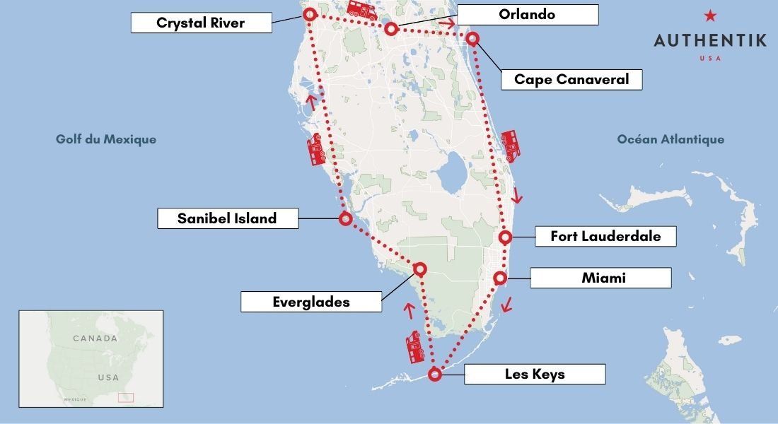 Carte du meilleur road trip en camping-car en Floride