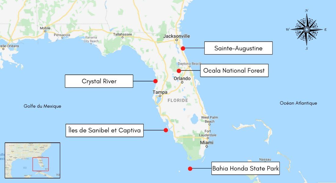 Situation des 5 endroits sur la carte de la Floride