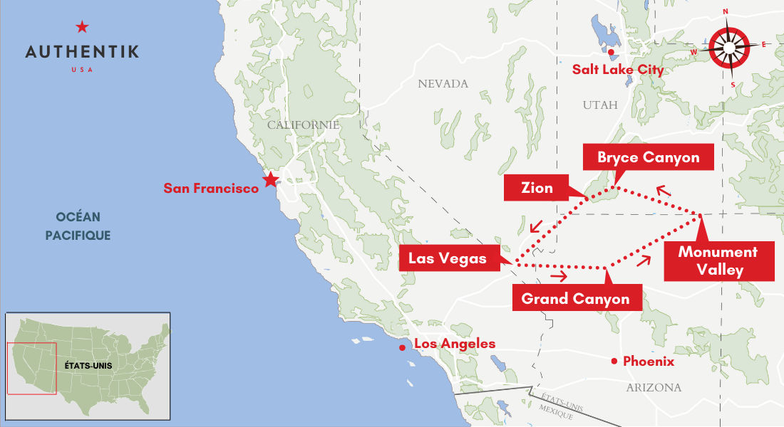 Carte itinéraire de 8 jours aux USA Carte itinéraire une semaine dans l'Ouest américain