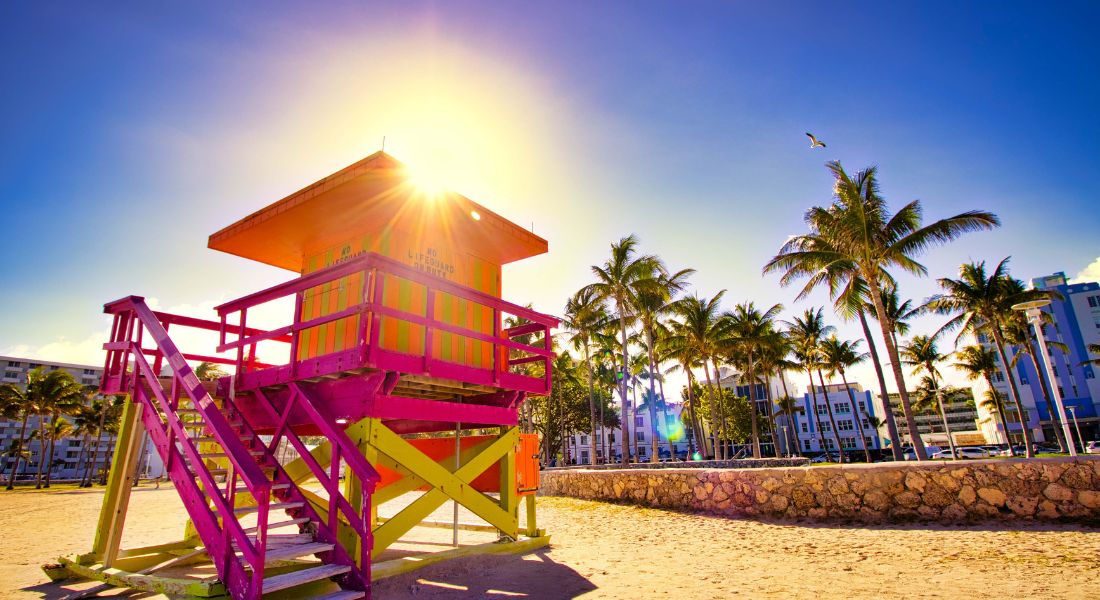 Lifeguard tower on Miami Beach Lifeguard tower on Miami Beach with the city and palm trees in the background
