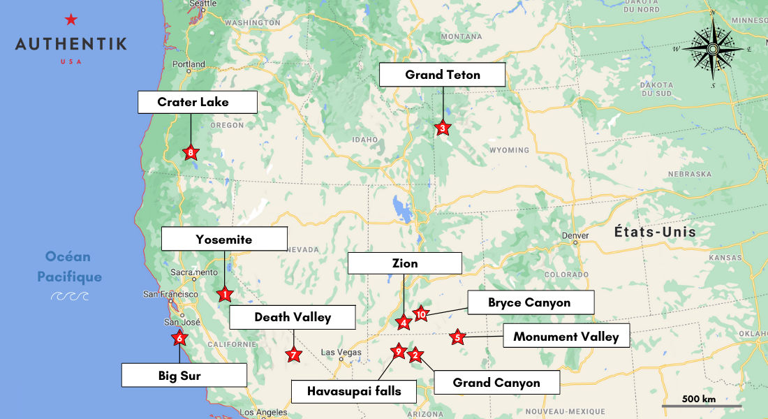 Carte des 10 plus beaux paysages de l'Ouest américain