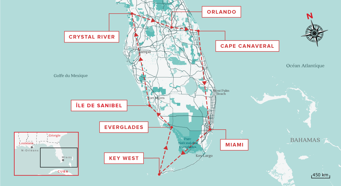 Itinéraire du road trip en Floride carte circuit floride