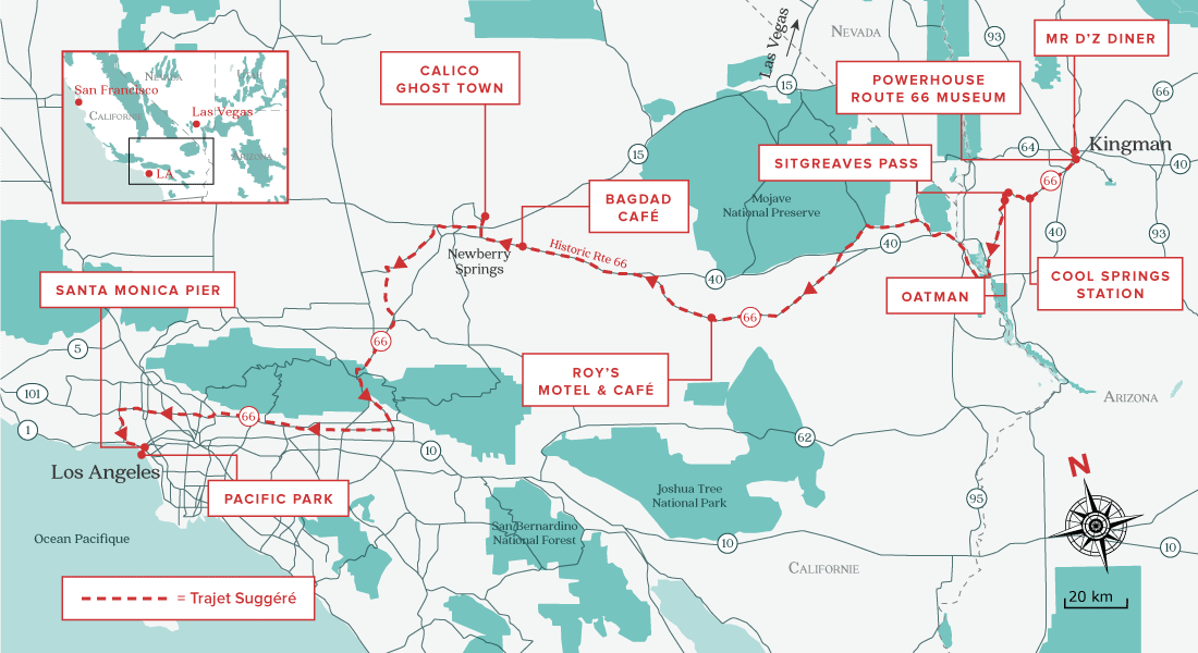 10 arrêts entre Kingman et Los Angeles Route 66