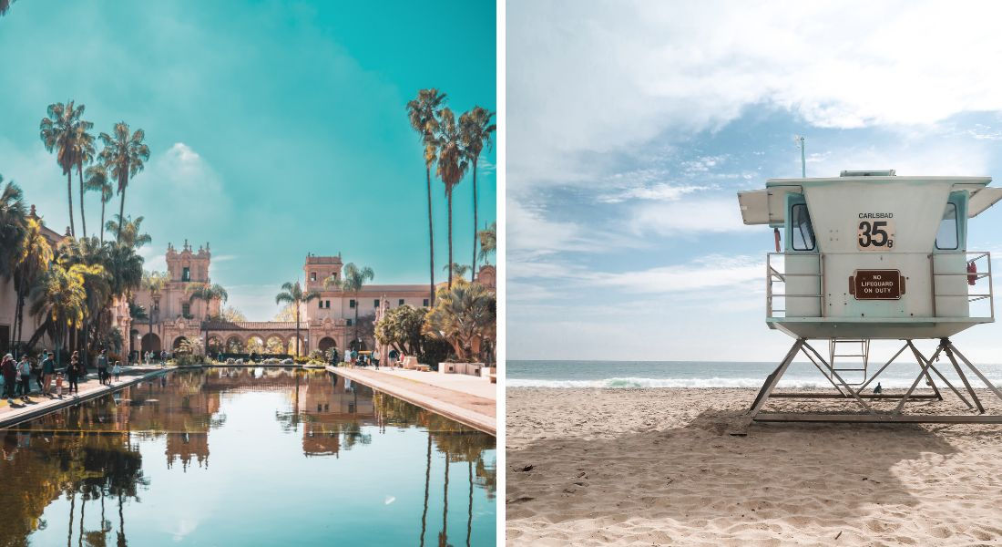 San Diego California Two photos of San Diego one of Balboa Park and the other of the beach