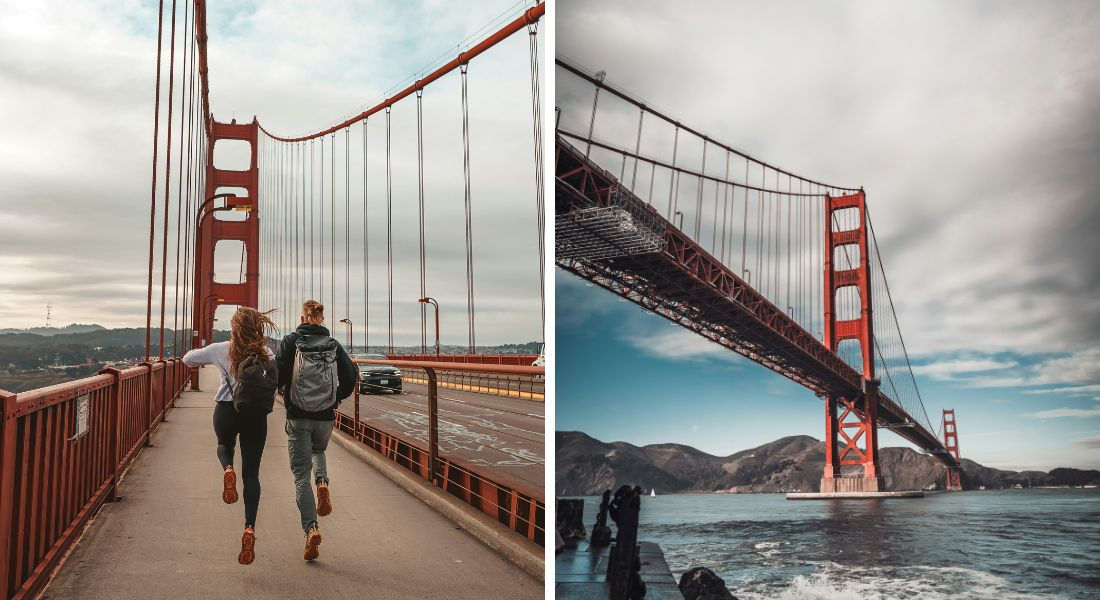 Traverser le Golden Gate Bridge Deux personnes traversant le pont du Golden Gate Bridge