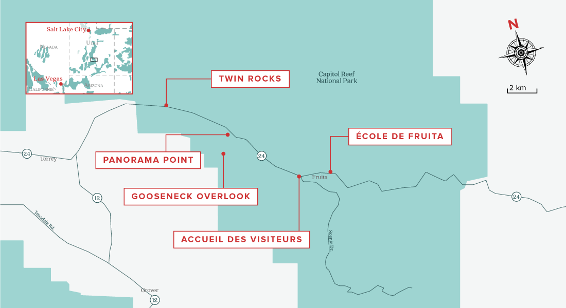 Visiter Capitol Reef en 24 heures - Carte jour 1 matin